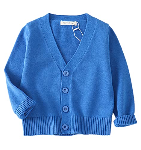 PTPUKE Unisex Boy' Girls' Cardigans Sweater V-Neck Long Sleeve Button Soild Cotton Knit Sweaters for 1-8 Years, Blue, 18-24 Months