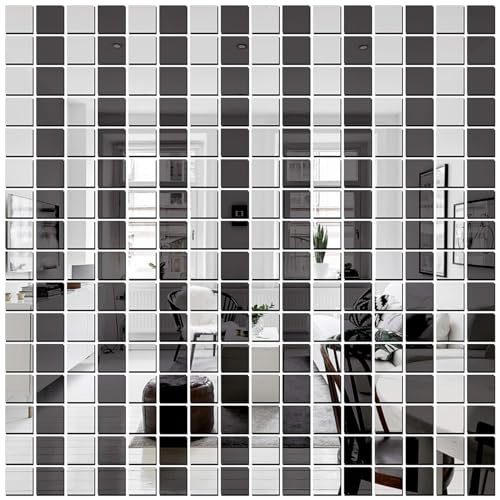 Image of Bikri Kendra - 400 Square Silver Decorative Mirror Stickers for Wall, Wall Mirror Stickers, 3D Acrylic Stickers Wall Stickers for Hall Room, Bed Room, Kitchen Living Room Kids Room. (Black /Silver)