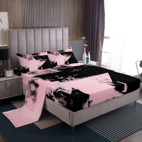 Homemissing Juego de sábanas abstractas tamaño doble, juego de cama de arte abstracto moderno, de lujo, sábana bajera ajustable geométrica, transpirable, suave, ligera, microfibra, rosa y negro