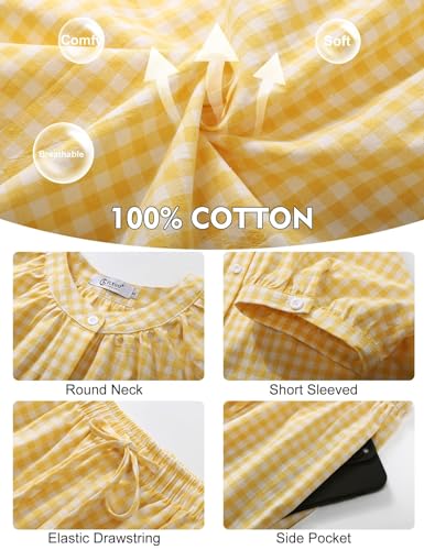 Flygo Womens Plaid 2 Piece Pajamas Sets Gingham Button Down Puff Sleeve Babydoll Shirt Ruffle Pants Y2K Pjs Lounge Set