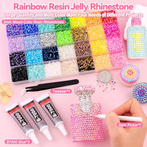 Image of Resin Rhinestones for Glamorous Kit, 34000pcs Mixed Color 3mm Dazzling Crystal 3pcs 10ml B7000 Jewelry Glue, Flatback Stones DIY Crafts Clothing Nail Art Makeup