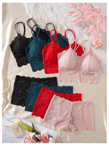 Image of Verdusa Women's Lingerie Sets 6 Piece Lace Bow Floral Underwear Bras Wireless Padded Bra and Panty Set