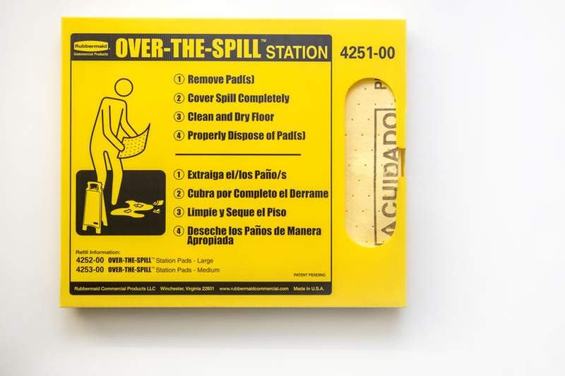 Image of Rubbermaid Commercial Products Over the Spill Pad Station Kit Absorbent Mat Pads Yellow Large Fast at Absorbing Water /Oil /Beverages For Residential /Commercial /Restaurant /Office /Facility Use