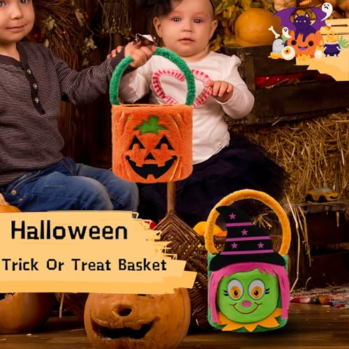 Image of Dia 7.9 inch * H 15.7 inch, Plush Halloween Baskets Trick or Treat Bags Halloween Candy Bucket, Gift Bucket for Party Favor Supplies (2Pcs-Pumpkin&Witch)