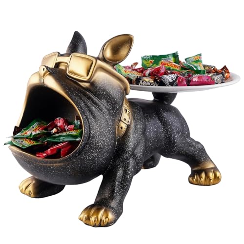 Image of Cool Bulldog Key Bowl & Accessory Tray - Matte Black & Gold Resin Dog Sculpture Multifunctional Organizer Showpiece for Keys Watches & Candy (Black with Sprinkles, Dog with Tail Plate)