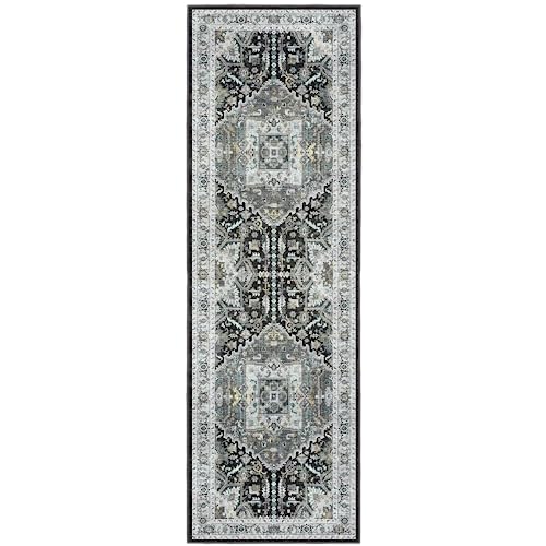 Madane Washable Kitchen Runner Rug 2x6, Ultra-Thin Non-Slip Hallway Runner, Stain Resistant Vintage Entryway Carpet Runner, Pet Friendly Low Pile Runners, Grey Green/Black Olive