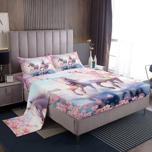 Watercolor Horse Bed Sheets Queen Size 4 Pcs Pink Cherry Blossom Wild Animals Sheets Set for Kids Girls Teens Dreamy Natural Flowers Plabts Decor Bedding Set with Flat,Fitted Sheet,2 Pillowcases