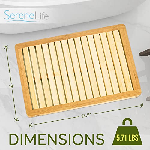Serenelife Bamboo Bath Mat 23.5” X 18” Heavy Duty Natural Wood Bathroom Or Shower Floor Foot Platform With Elevated Design For Water Evaporation And Non Slip Rubber Feet For Indoor Outdoor Use #TOP1