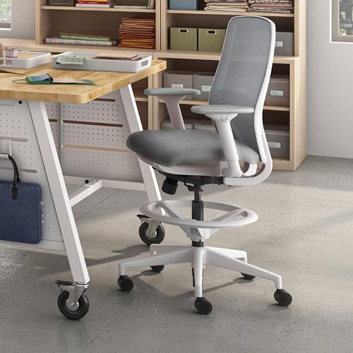 Image of HON Nucleus Task Stool, Ergonomic Office Chair, Home Office Desk Chairs, Synchro-Tilt with Seat Slider, Adjustable Footring, Height-Width Adjustable Arms, Fog Mesh, White Frame, Aspen