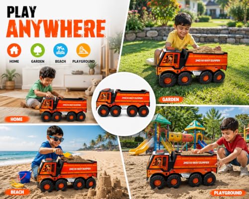 Image of Kids Ride On Dumper Truck Toy Orange for Age 2-8 Kids Ride On Dumper Truck Toy for Boys & Girls | Heavy Duty Plastic Hi-Way Dump Truck | Large Construction Vehicle Toy | Big Wheels | Age 2-8 Years |