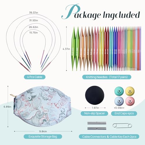 Image of Lewhoo Circular Knitting Needles Set, 17 Size Interchangeable Aluminum Knitting Needle with 4 Cables ＆ Bag Multicolored-1 2.2~10.0mm