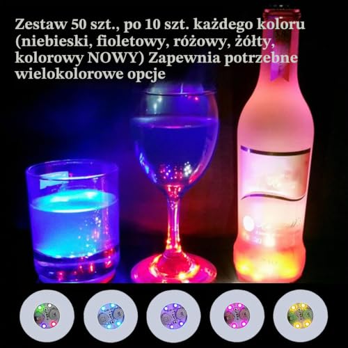 luolety Podstawka LED, naklejki LED, podświetlane podstawki barowe, butelka, oświetlenie lampy błyskowe, super jasna lampa LED na butelkę na szklaną imprezę, ślub, dekoracja baru (50 sztuk)