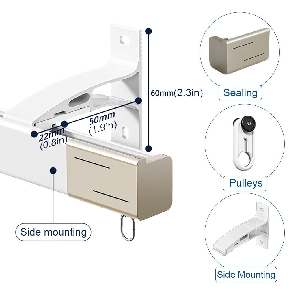 Vorhangschiene zur Wandmontage, 1-Läufig Gardinenschiene mit Stummen Rollen, 1.6/1.7/1.8/1.9 m Gardinenstange für Terrassen, Wohnzimmer, Küche(Grau,2.50 m (8.2 ft))