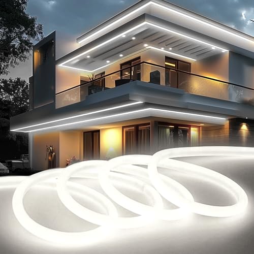 KSIBNW LED Strip Light 2m/6.5ft Outdoor Waterproof, Cool White 320° Glow Neon LED Strip Lights Outside IP65 Flexible 220v-240v Cuttable Rope Strip for Garden Kitchen Outdoor Indoor Decor, 6000K