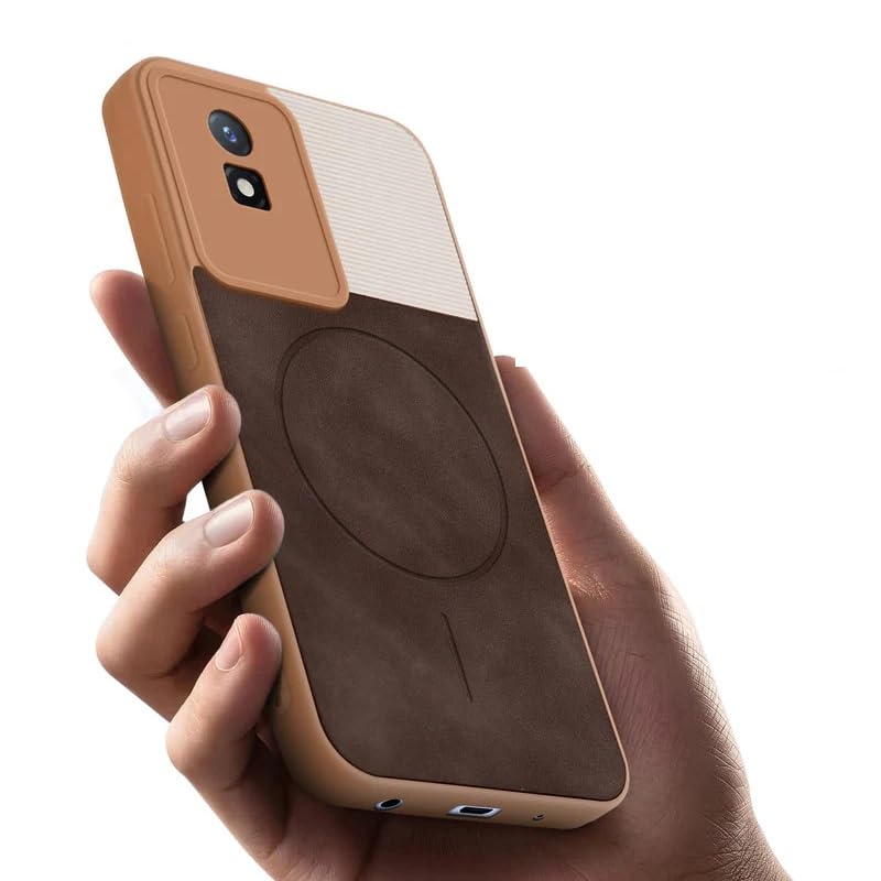 Image of Bintage case Dual-Leather Macc-Safe Design Phone Case| Soft Touch Finish | Full Camera Protectection Back Cover Compatible for Vivo V2236 /Vivo Y02t / Y02 - White & Choco Brown