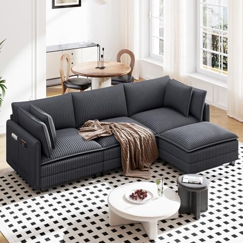Image of Vesgantti 109 inch L Shaped Cloud Sectional Couch, Comfy Corduroy Upholstered Modular Couches for Living Room, Modern 3 Seater Sectional Sofa with Ottoman Deep Seat, Charcoal Grey