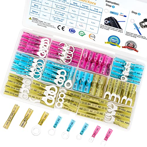 TICONN 120Pcs Heat Shrink Wire Connectors, Waterproof Automotive Marine Electrical Terminals Kit, Crimp Connector Assortment, Ring Fork Spade Butt Splices 120PCS Combo