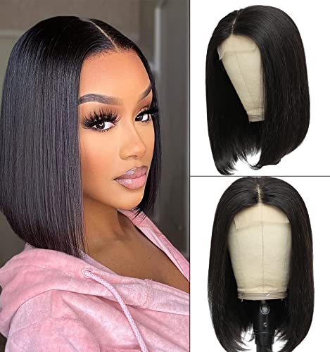 Straight Human Hair 4x4 Short Bob Wigs (12 Inch) Lace Closure Wigs Brazilian Human Hair Lace Front Wigs For Black Women Natural Color