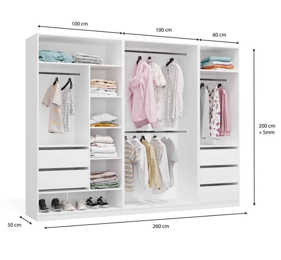 BDW - OPENO Modulares Garderoben Set – Offener Kleiderschrank - Moderne Garderobe mit Kleiderstangen, Schubladen, Regalen und Aufsätzen für Schlafzimmer, Flur oder Ankleidezimmer - Modul 260x200, Weiß
