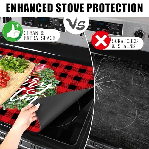 Image of Christmas Stove Top Cover for Electric Stove, 20x28 In Red Plaid Stove Covers Xmas Stove Mat Winter Heat Resist Gas Range Mat Induction Kitchen Decor Cooktop Protector Pad