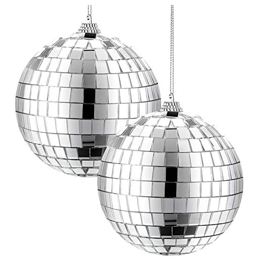 2 Pieces Mirror Disco Ball, 70's Disco Party Decoration, Hanging Ball for Party or DJ Light Effect, Home Decorations, Stage Props, Game Accessories (Silver, 4 Inch)