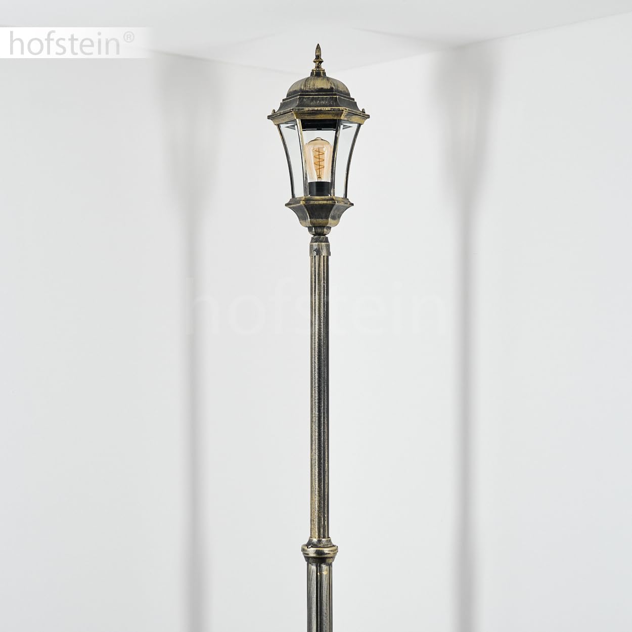 Etoe lampa drogowa zewnętrzna z metalu/szkła w kolorze czarno-złotym/przezroczystym, kandelabr o antycznym wyglądzie, wysokość maks. 230 cm, oświetlenie ogrodu w stylu dworkowym, IP44, 1 x E27, bez