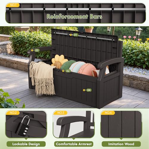 Image of Greesum 80 Gallon Storage Bench Outdoor Deck Box with Armrest, Brown