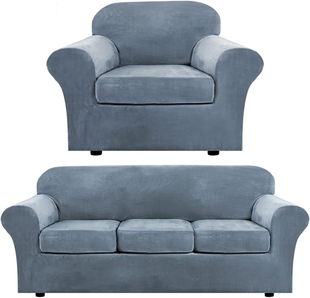 H.VERSAILTEX Velvet Plush Armchair Cover Bundles Sofa Cover for 3 Cushion Couch, Furniture Protector, Ultra Soft, Removable and Washable, Stone Blue