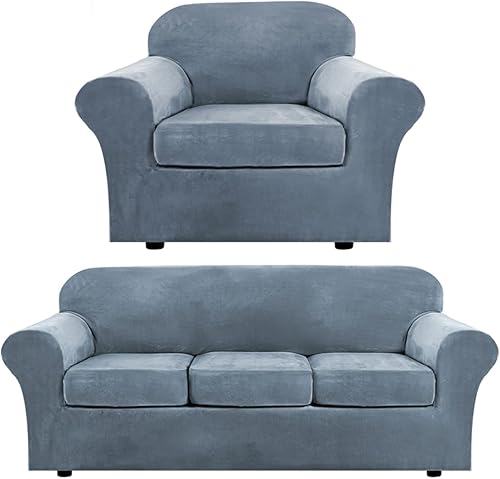 H.VERSAILTEX Funda de terciopelo de felpa para sillón de 3 cojines, protector de muebles, ultra suave, extraíble y lavable, color azul piedra