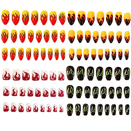 96pcs Flame Fire Fake Nails Glossy Stiletto Almond and Coffin Press on False Nail Tips Red Fluorescent Green Artificial Nails Art Manicure for Cosplay Party Halloween