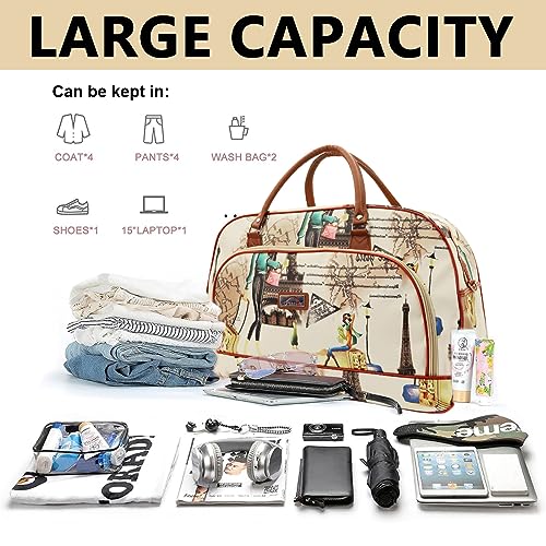 Image of PALAY Nylon Duffle Bags Travel Bags For Women Pu Waterproof Large Travel Duffel Bag Carry On Shoulder Bag With Shoulder Strap For Trip, 52 cm, Beige