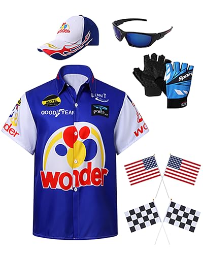 6PCS Unisex Adult Characters Costumes in Talladega Nights Shirt Hat Sunglasses Gloves and Small Flags Set Men Women Race Car Driver Costume for Car Racing and Watch the Races Blue