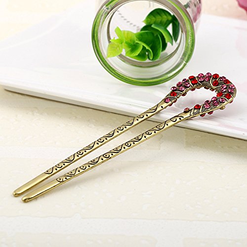Retro Hair Jewelry Antique Bronze Plated Hairpins U shape Hair Sticks Women Rhinestone Flower Hair Accessories (PINK)