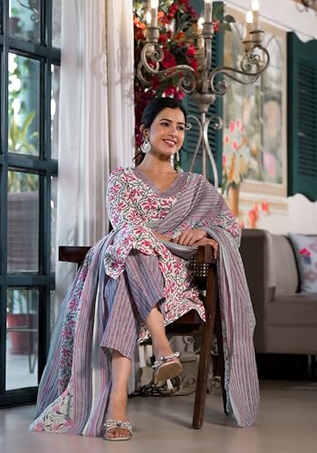 Image of MIRCHI FASHION Pure Cotton Women Straight Jaipuri Floral Print Kurti Set with Dupatta and Pant