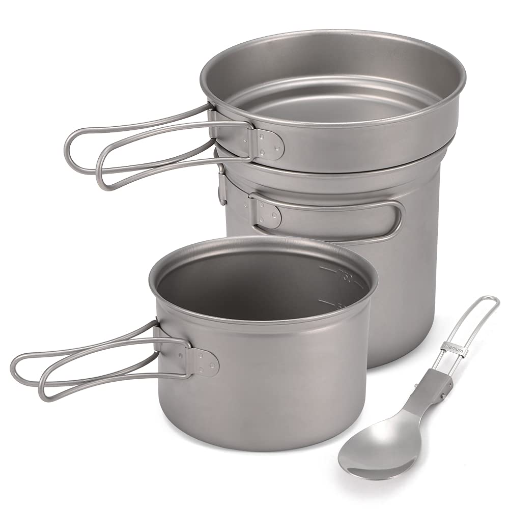 Cocoarm Camping-Titan-Kochgeschirr-Set, Leichtes Titan-Camping-Kochgeschirr, 1000 Ml Topf, 750 Ml Topf, Pfanne, Löffel für Outdoor-Wanderungen, Rucksackreisen