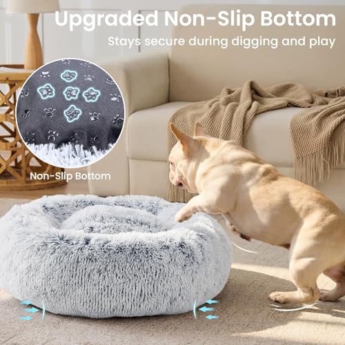 Image of JOLLYVOGUE Small Dog Bed, Calming Dog Beds for Small Dogs & Indoor Cats - 20 Inches Donut Washable Cat Bed for Kittens & Puppies, Round Fluffy Plush Faux Fur Pet Beds(Smoke Grey) (Pack of 2)