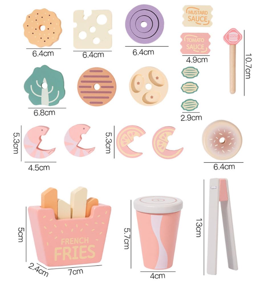 Set di Gioco di Finzione di Fast Food in Legno, Giocattolo Cibo Hamburger Patatine Bevanda