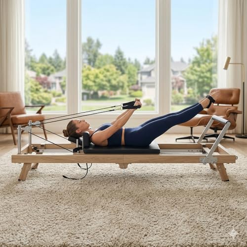 75 Foldable Pilates Reformer Machine for Home Use Professional Stainless Steel with Wood-Grain Finish Hybrid Resistance (Springs & Latex) Wellness Gift for Petite Women up to 59