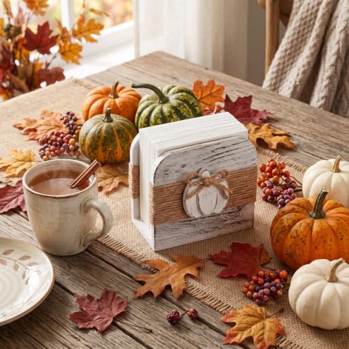 Image of Natural Wooden Napkin Holder, Pumpkin Style, White