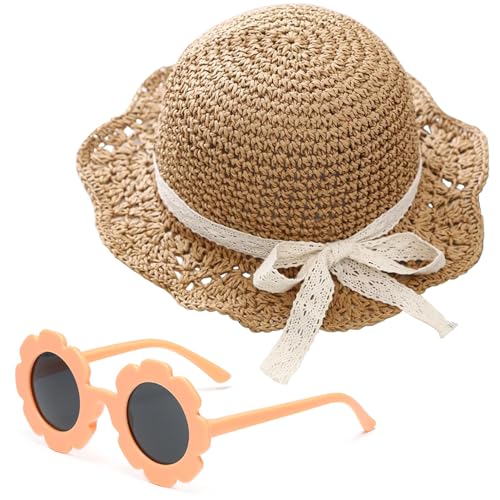 Sombrero de paja para niñas ideal para días de playa con gafas de sol de flores