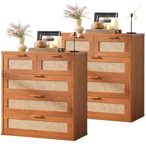 Image of LEYAOYAO Rattan Dresser Set 2 for Bedroom, 33.5 inch Small Chest of Drawers | Gold Metal Handle, Modern 5 Drawers Boho Dressers with Storage for Living Room, Hallway