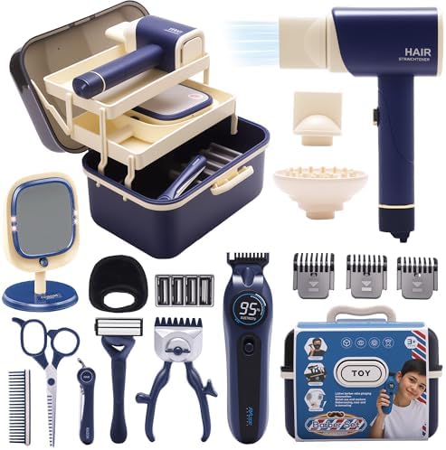 Pretend Play Toys for Kids,Toddler Shaving Kit Barbershop Accessories Hair Salon Set with 3-Tier Storage Box , Realistic Hair Clipper & Blow Dryer, Birthday Gifts for Boys Girls Ages 3-8