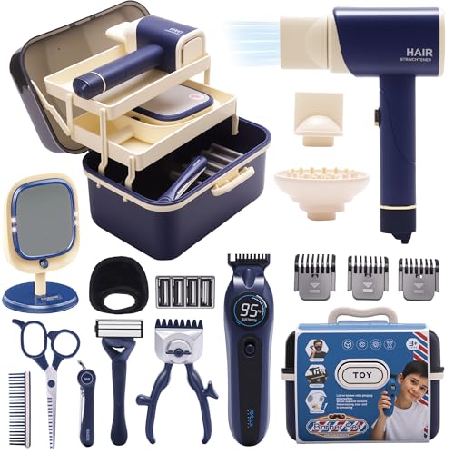 Pretend Play Toys for Kids Toddler Shaving Kit Barbershop Accessories Hair Salon Set with 3-Tier Storage Box Realistic Hair Clipper & Blow Dryer Birthday Gifts for Boys Girls Ages 3-8