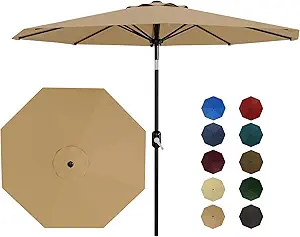 10Ft Patio Umbrella - 8 Sturdy Ribs Outdoor Table Umbrella with Crank Lift & Push Button Tilt - Market Umbrella for Pool, Deck, Yard, Garden - Tan