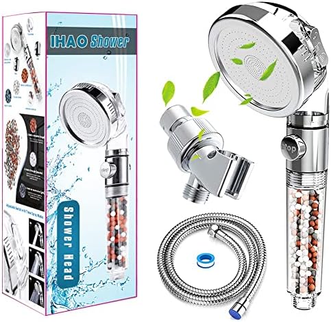 IHAO Filter Showerhead with Bracket Metal Hose High Pressure Handheld Shower Purifying Hard Water Softener Chlorine Flouride Filter Multi Modes Changeable Shower head Fresh Dry Skin & Hair Loss