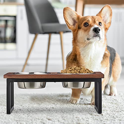 Relaxdays Napfständer, Edelstahlnäpfe Füllmenge 1000 ml, Hundefutterstation aus Mangoholz, HBT 16,5 x 42 x 21 cm, natur