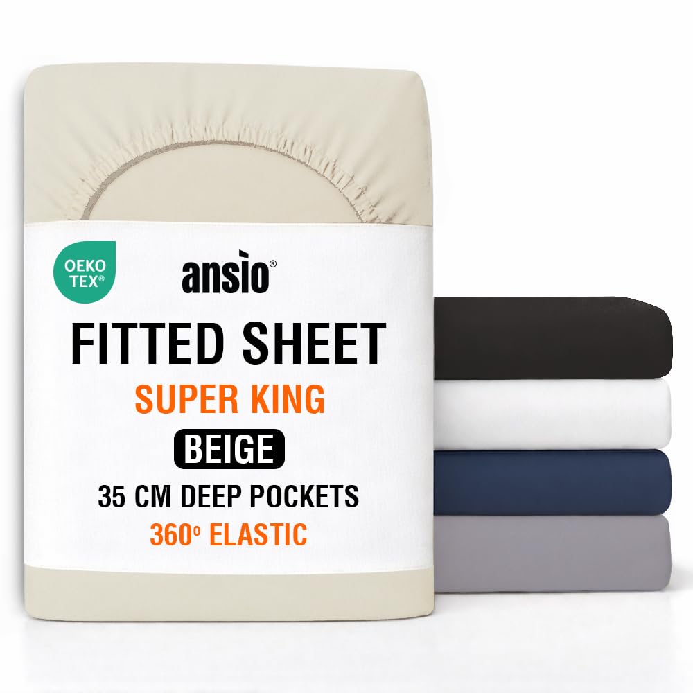ANSIO® Super King Fitted Sheet Soft Brushed Microfibre Fabric – Deep Pocket 35cm – All-Around Elastic – OEKO-TEX Certified – Easy Care & Naturally Smooth After Wash - Beige — image 1