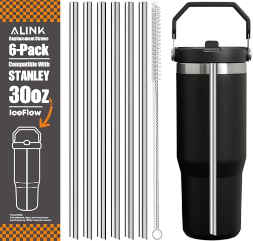 ALINK Stainless Steel Straws Compatible with Stanley Iceflow 30oz Flip Tumbler, 6 Pack Reusable Metal Straws for Stanley Ice Flow 30oz Cup Lid Only, Plus Straw Brush