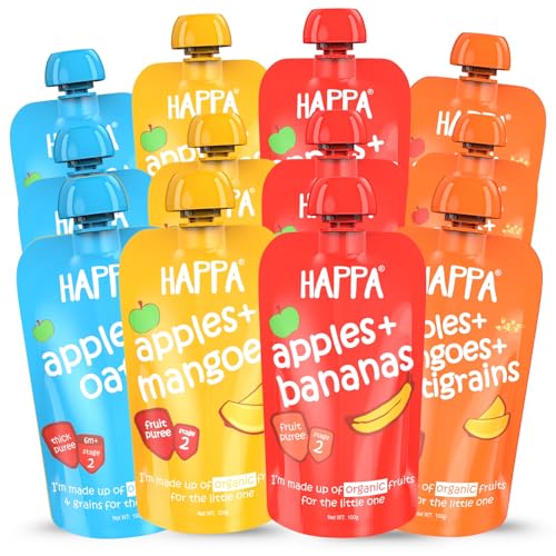 Image of Happa Organic Baby Food Puree | 100% Fruits | No Added Sugar, No Milk Powder, No Preservatives | Stage 2 (6 Months+) | Ready to Eat | Free from Common Allergens | Pack of 12 (100g Each)