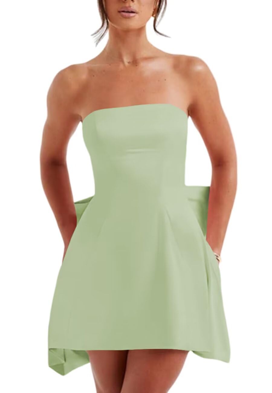 PUXIU Satin Homecoming Dressse for Teens with Pockets Strapless Prom Cocktail Mini Party Dress with Bow on Back PUS063